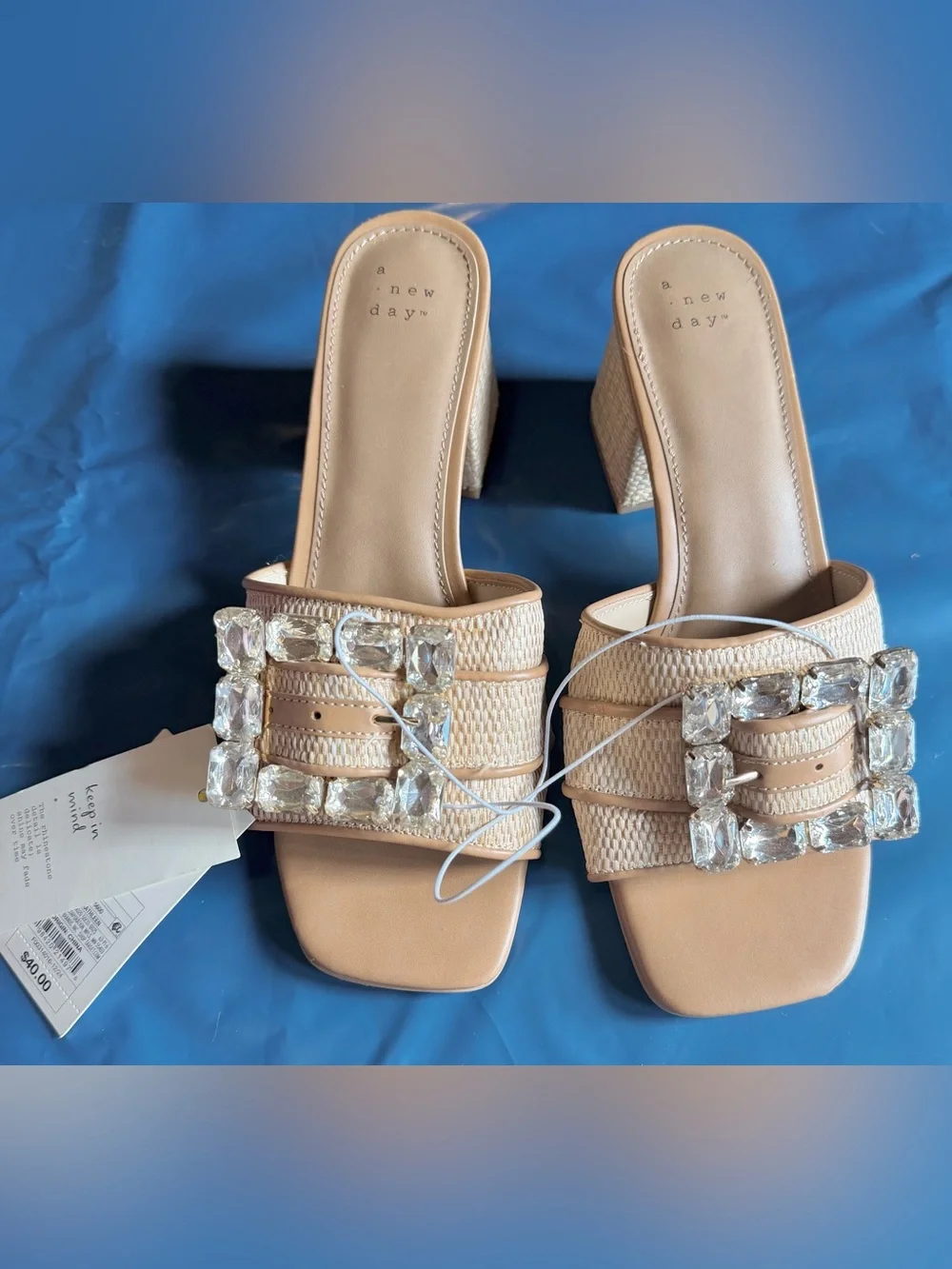 A New Day Kathleen Rafflia Buckle Block Rhinestone Embellished Detailing Heels